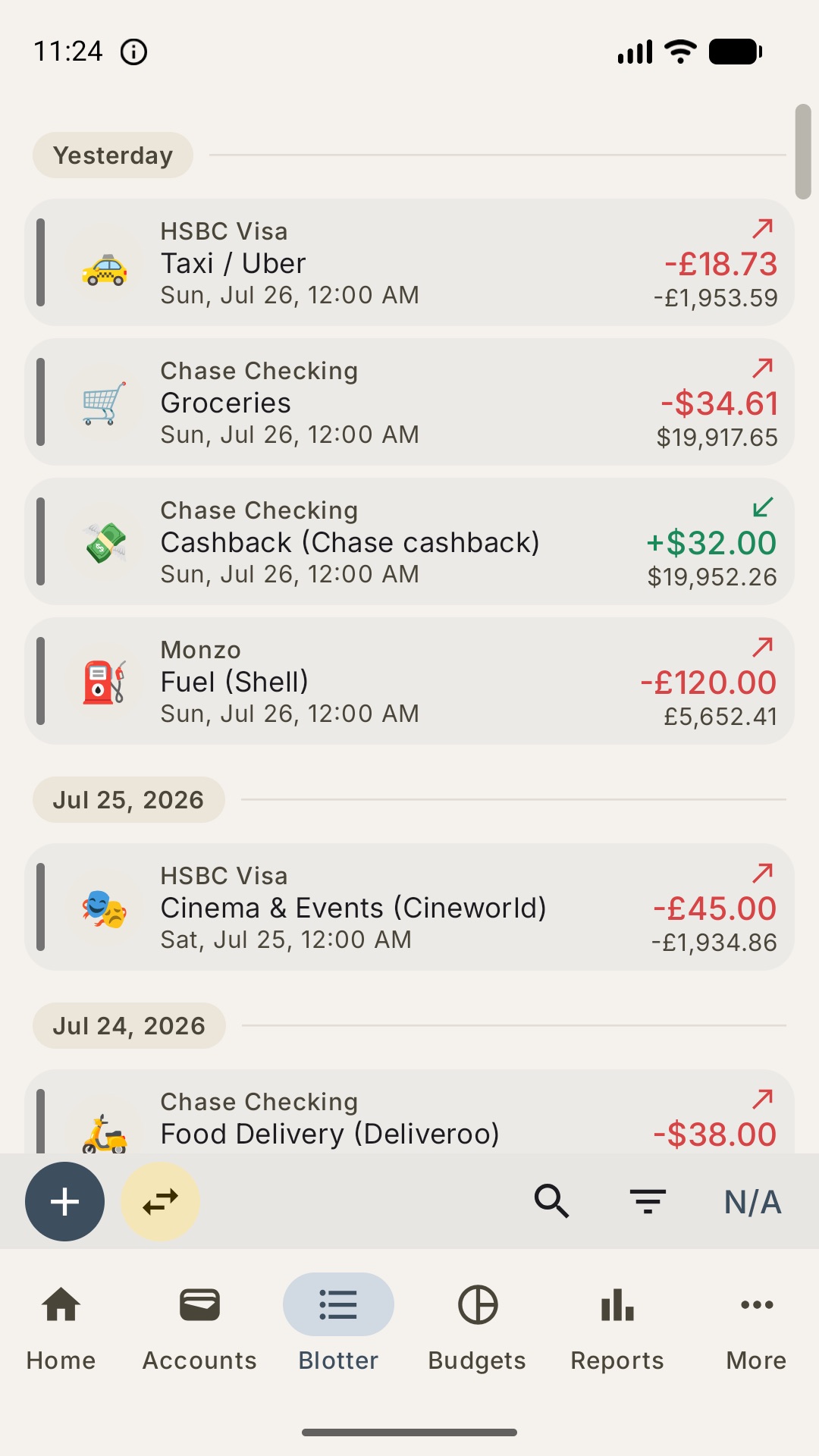 Transaction list with category emoji and running balances