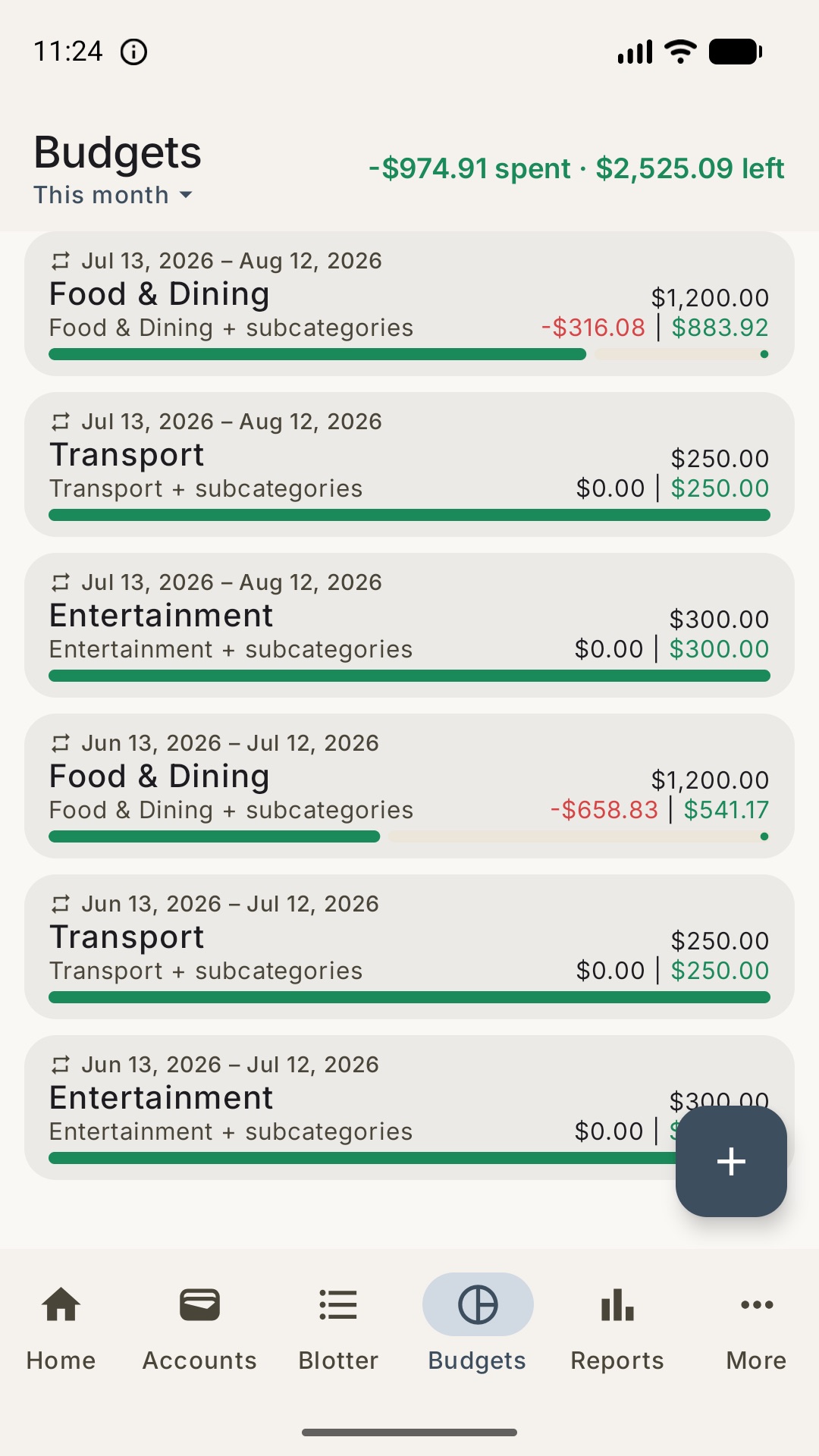 Monthly budgets with progress bars