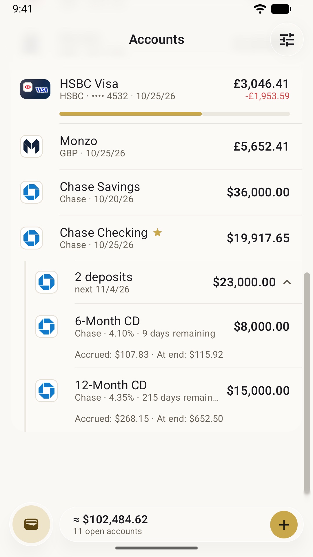 A bank with its deposits, rates, accrued interest and days remaining