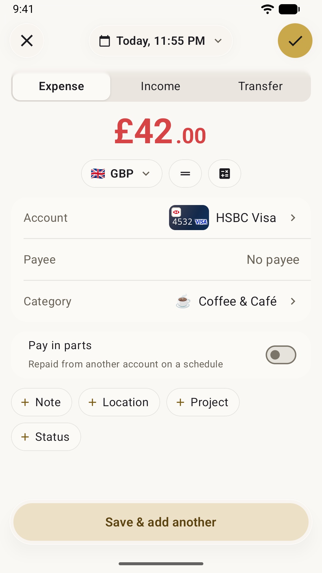 New expense form with the amount up top and account, payee and category below