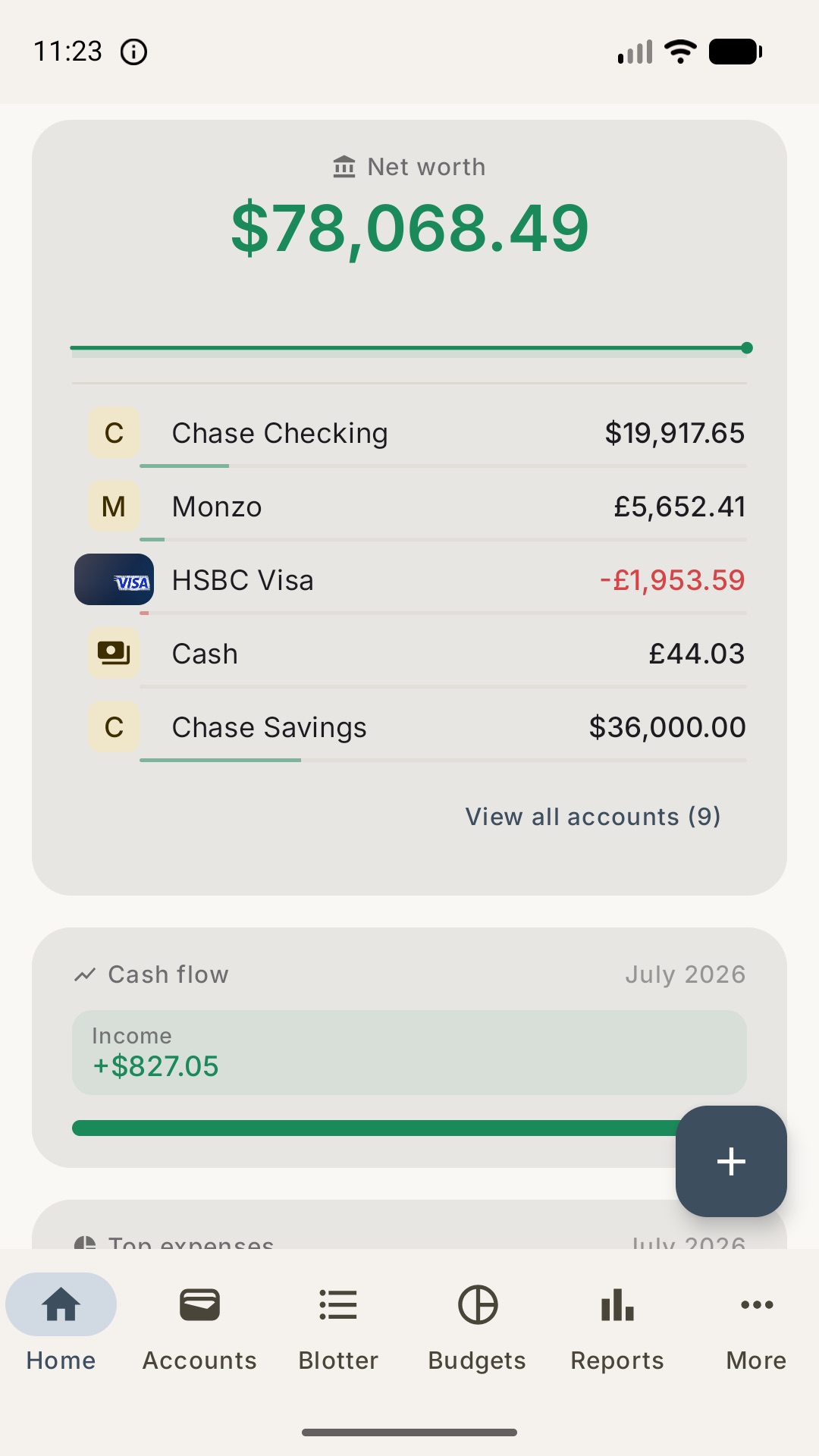Kazna dashboard with net worth, cash flow and top expenses
