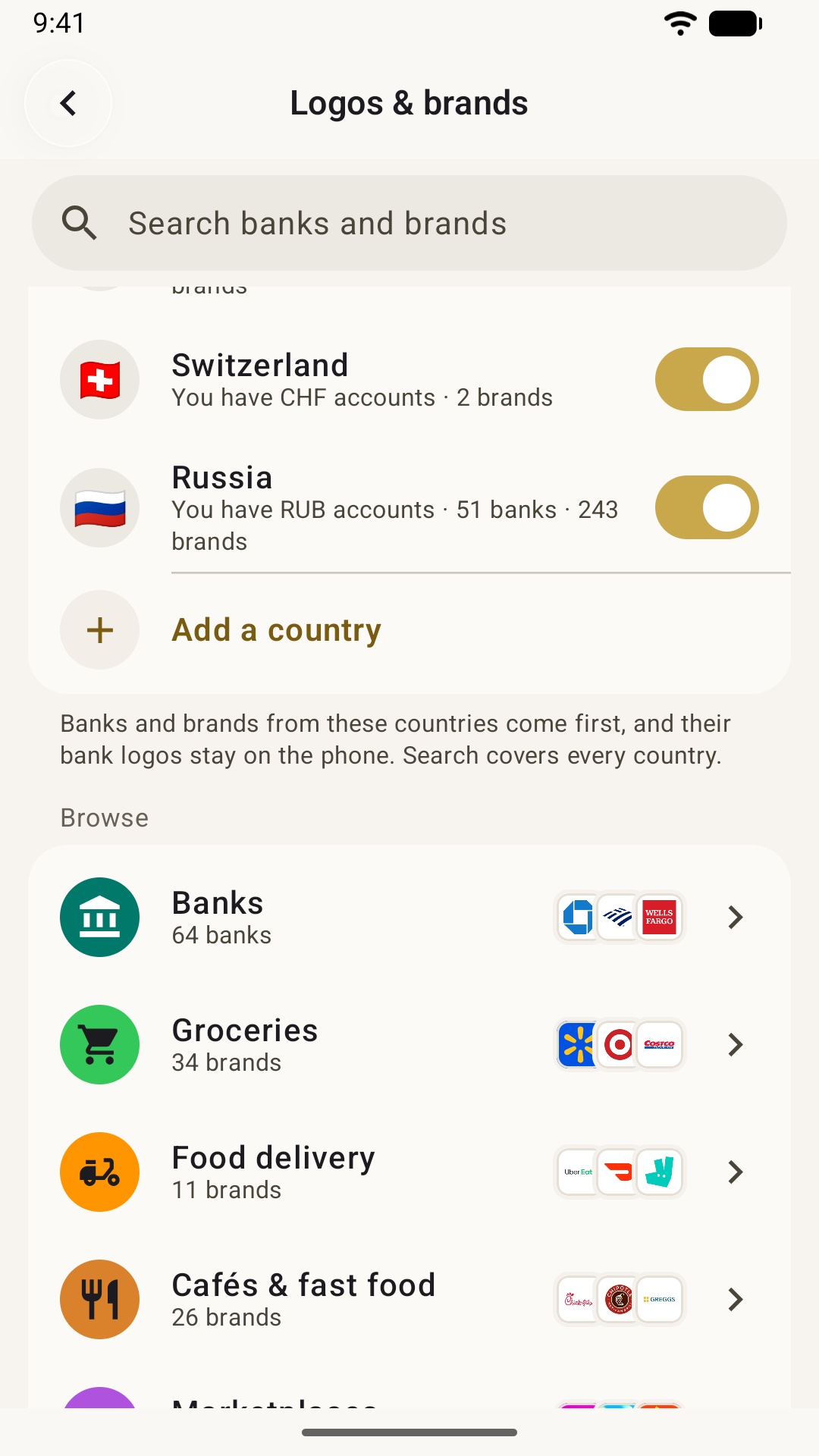 Logos and brands: countries first, then banks, groceries, food delivery and cafés